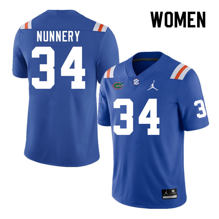 Women #34 Mannie Nunnery Florida Gators College Football Jerseys Stitched-Retro